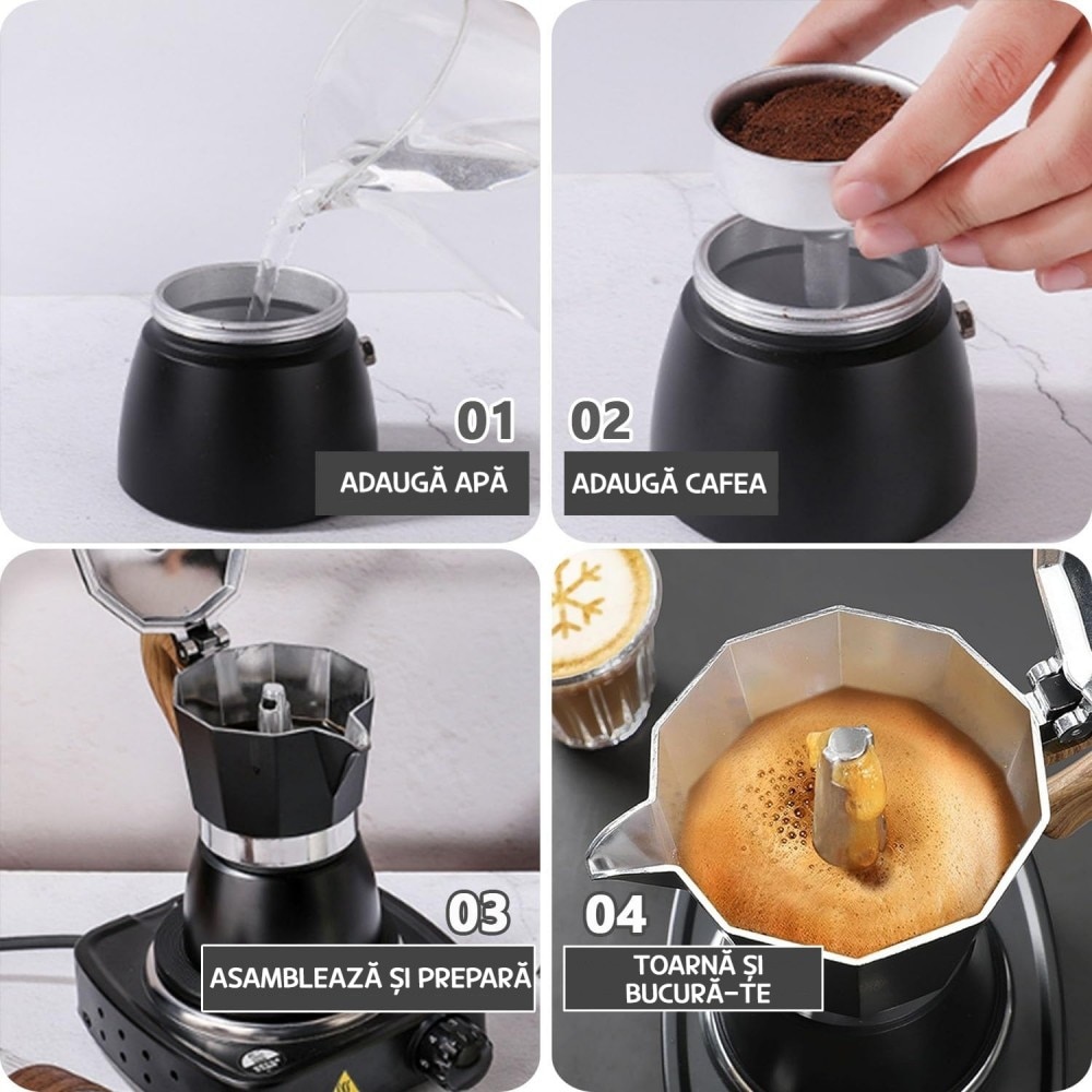 Cafetiera Moka AVAKKER®, 6 Cesti (300 ml), Espressor Manual pentru Aragaz, Aluminiu