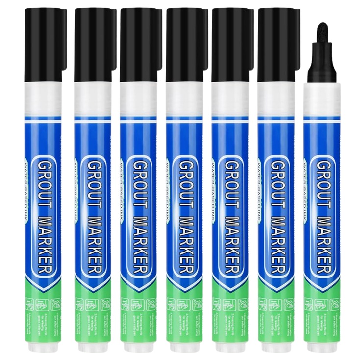 Set 7 Markere Corectoare Permanente pentru Rosturi Gresie si Faianta TrioStore®, 15ml, Culoare Negru, Uscare Rapida, Marker Rosturi Gresie, Marker pentru Rosturi Faianta, Marker Rosturi, Creion Corector Rosturi, Marker Permanent Gresie
