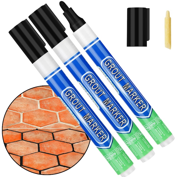 Set 3 Markere Corectoare Permanente pentru Rosturi Gresie si Faianta TrioStore®, 15ml, Culoare Negru, Uscare Rapida, Marker Rosturi Gresie, Marker pentru Rosturi Faianta, Marker Rosturi, Creion Corector Rosturi, Marker Permanent Gresie