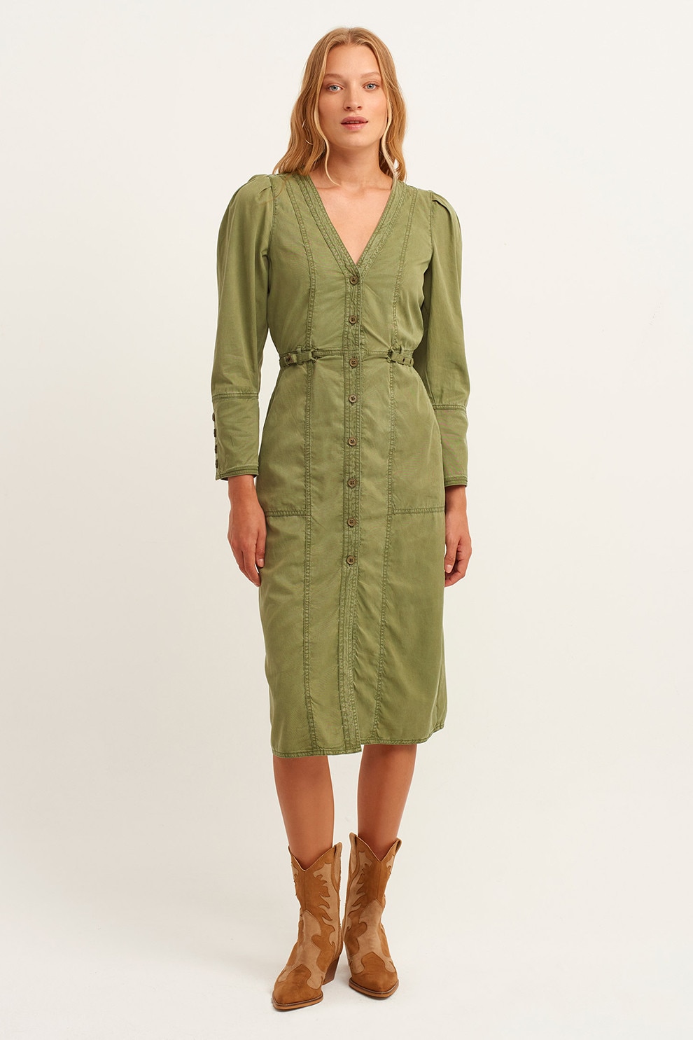 OXXO, Rochie din amestec de lyocell cu maneci bufante, Verde, S