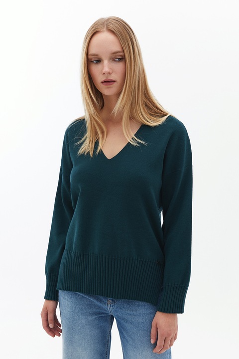 OXXO, Pulover tricotat fin cu slituri lateral e, Verde englez