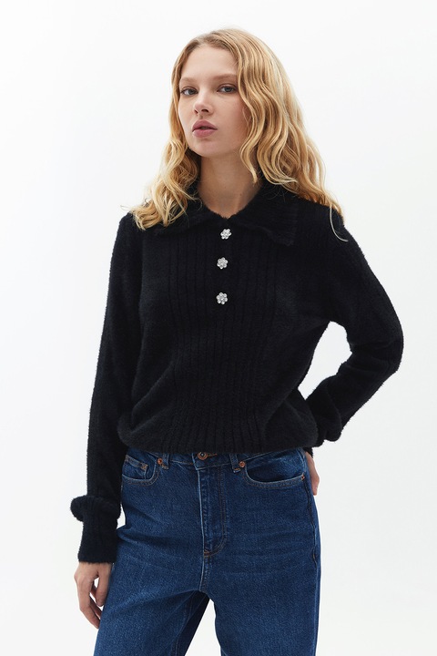 OXXO, Pulover polo cu nasturi florali, Negru