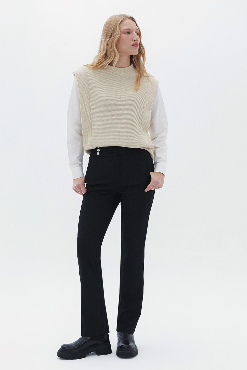 OXXO, Pantaloni drdepti cu talie inalta, Negru, 40