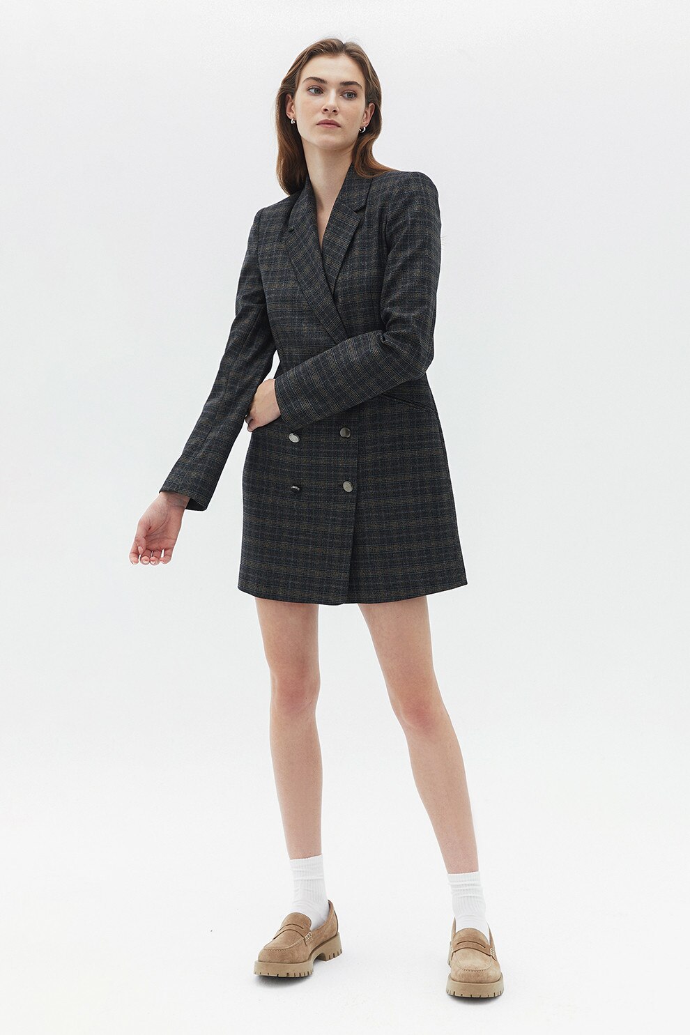 OXXO, Rochie-sacou in carouri, Kaki, Bleumarin, S