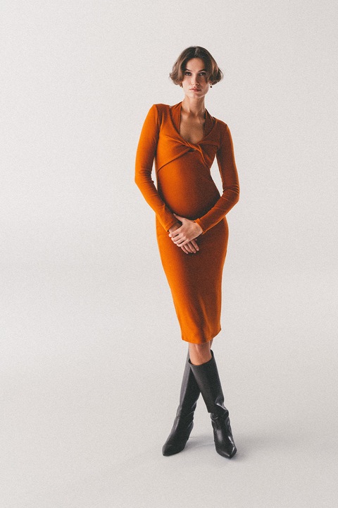 OXXO, Rochie tricotata fin cu nod pe decolteu, Portocaliu stins