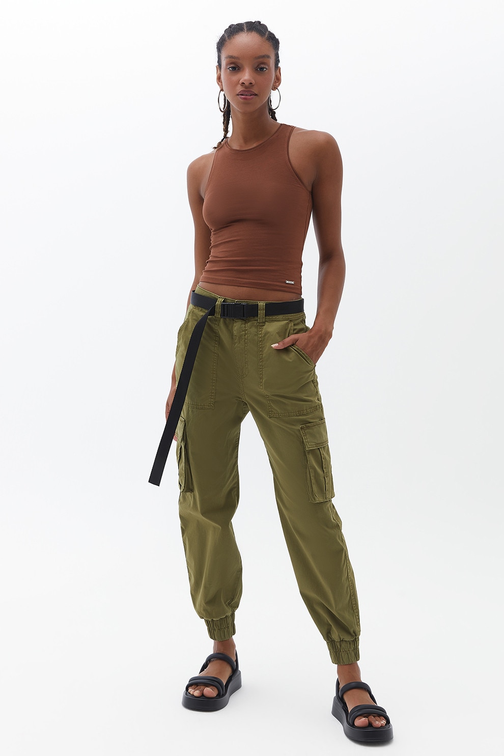OXXO, Pantaloni cargo cu cordon in talie, Verde masliniu, XL