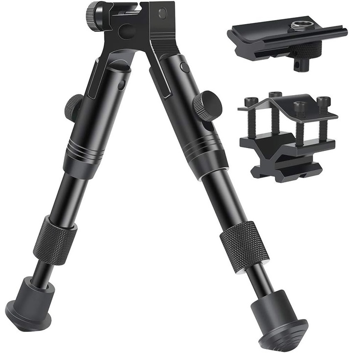 Bipod Reglabil pentru Arma, Buyya®, Picioare Extensibile cu Arc, 16-17.5cm, Aluminiu, Cap Rotativ 20mm, Negru