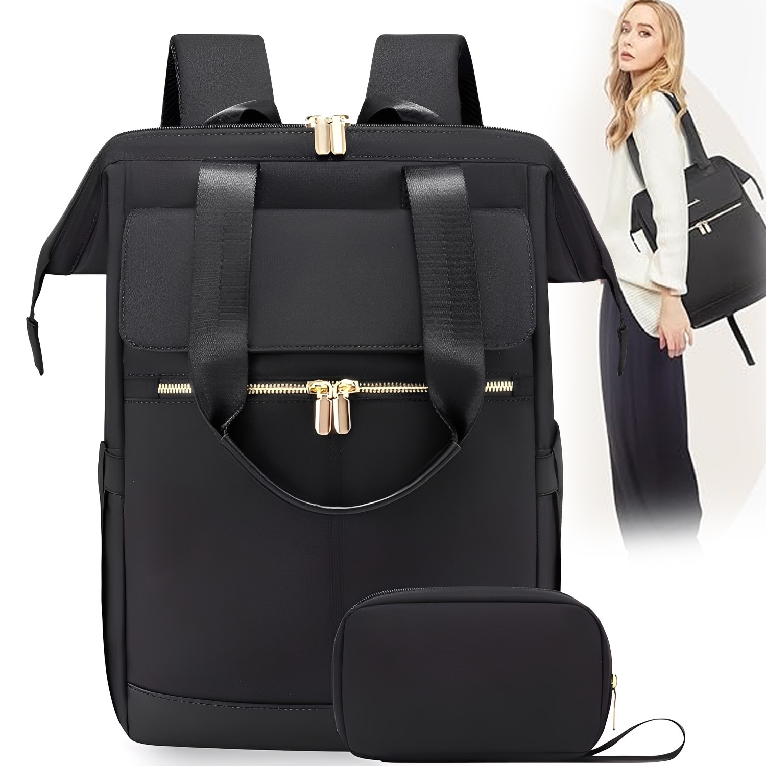 Rucsac Laptop Dama, BYONDSELF®, 15.6'', 2 bucati, organizator, sistem fixare pe valiza, Negru
