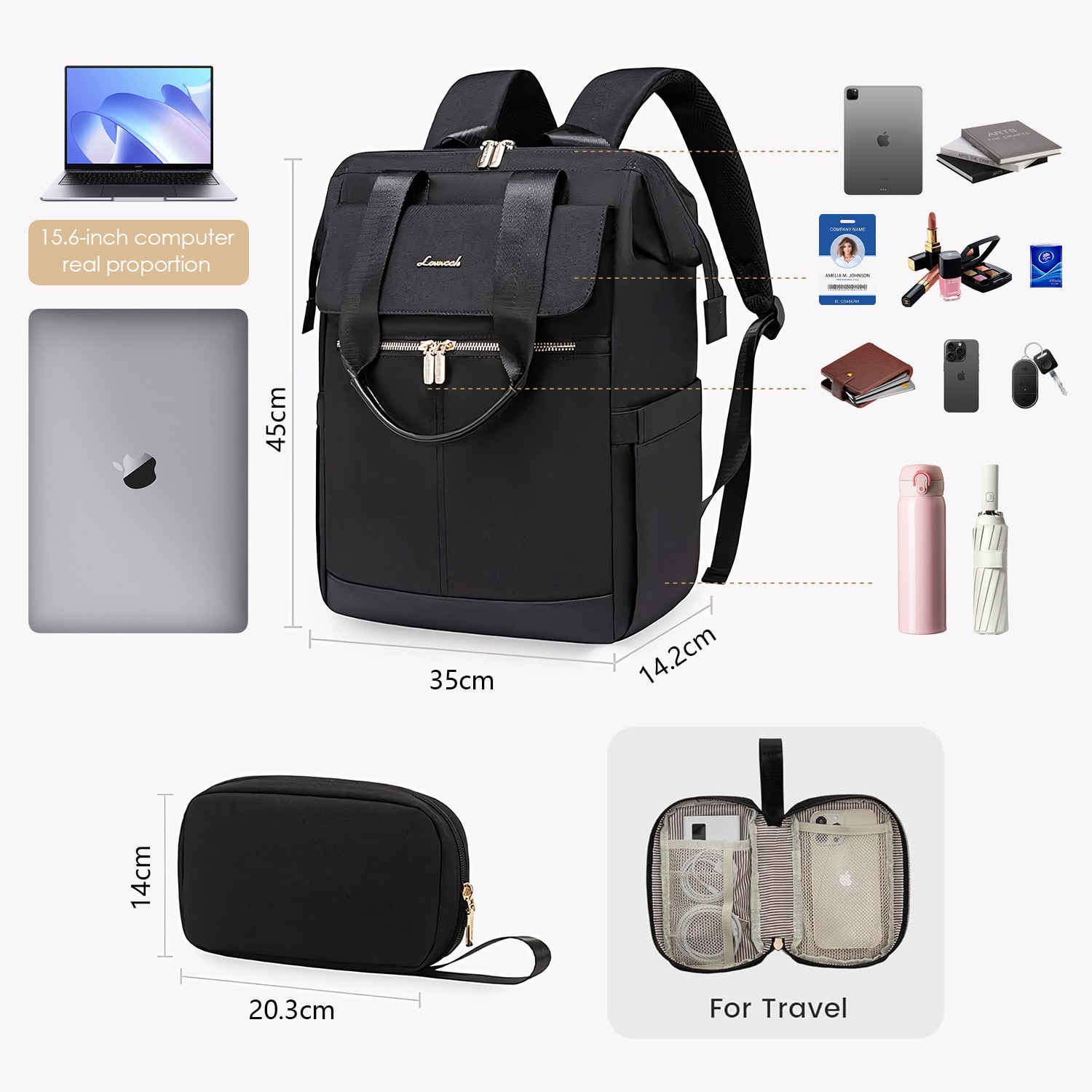 Rucsac Laptop Dama, BYONDSELF®, 15.6'', 2 bucati, organizator, sistem fixare pe valiza, Negru