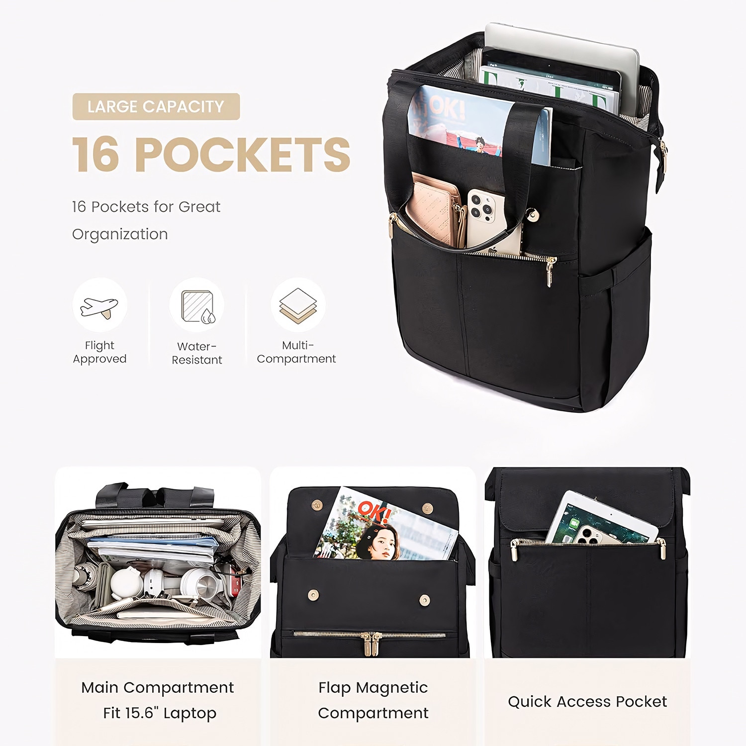 Rucsac Laptop Dama, BYONDSELF®, 15.6'', 2 bucati, organizator, sistem fixare pe valiza, Negru