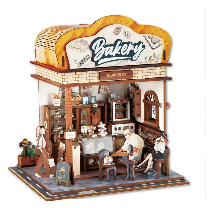 3D Пъзел Къща за Кукли от Дърво, Omelivon, Релаксираща Терапия и Креативен DIY Комплект с Миниатюрен Модел и LED Светлини, Подарък за Семейство, Приятели и Любители на Ръчно Изработени Изделия, 179 части, „Сладкарницата“Жълт