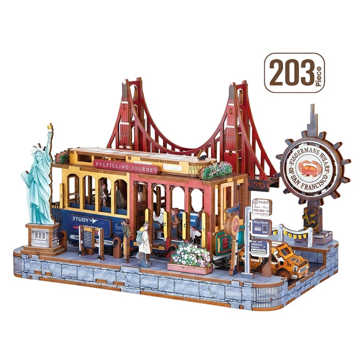 3D пъзел Къща за кукли от дърво, Omelivon Релаксираща терапия и креативен DIY комплект с миниатюрен модел и LED светлини - Идеален подарък за семейство, приятели и любители на ръчната изработка - 203 части - „Мостът на свободата“Многоцветен