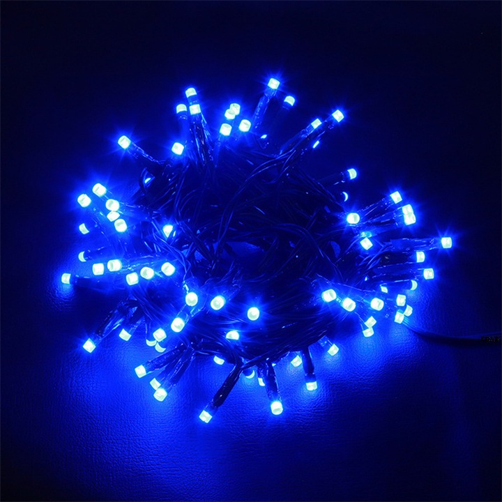 Instalatie Liniara de Craciun EDAR, 30 m, 300 LED-uri Mari Stil Diamant, Albastru, 8 Jocuri de Lumini, Interconectabila, Pentru Brad si Exterior, Fir Verde Inchis