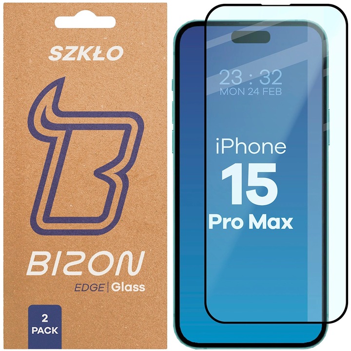 Комплект 2x Стъклен протектор, Bizon Glass Edge Duo за iPhone 15 Pro Max, Черно