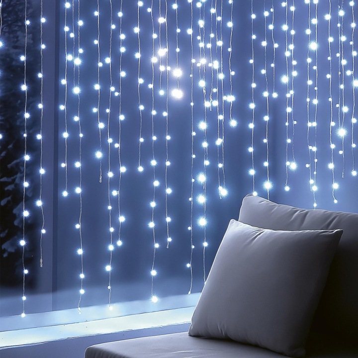 HOME KIN168DWH Perdea luminoasă LED, 168 LED-uri DOT albe reci, lumină fixă, cablu transparent, 12x14 LED-uri, design cu adaptor de interior