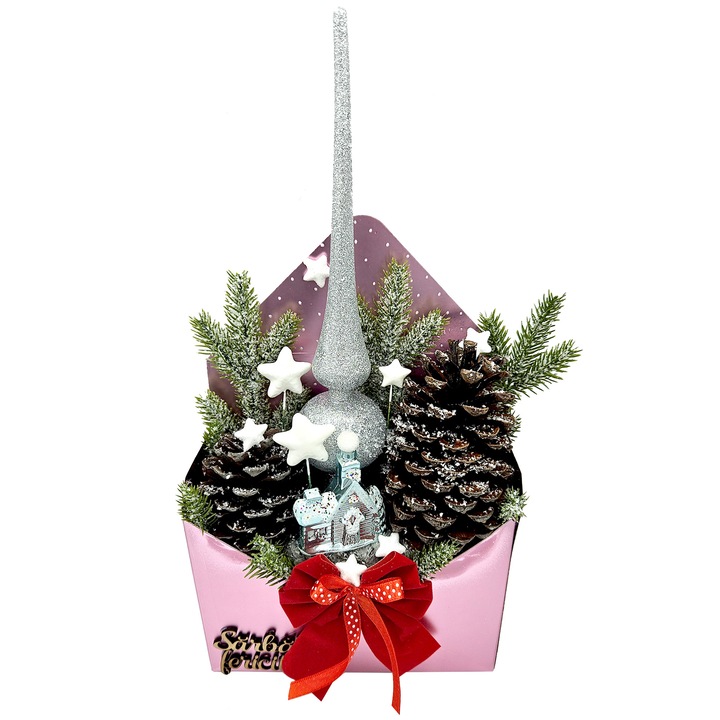 Decoratiune de Crăciun, Regalo, compozitie cu stele, căsuța, crengi de brad și conuri mari, 40 cm