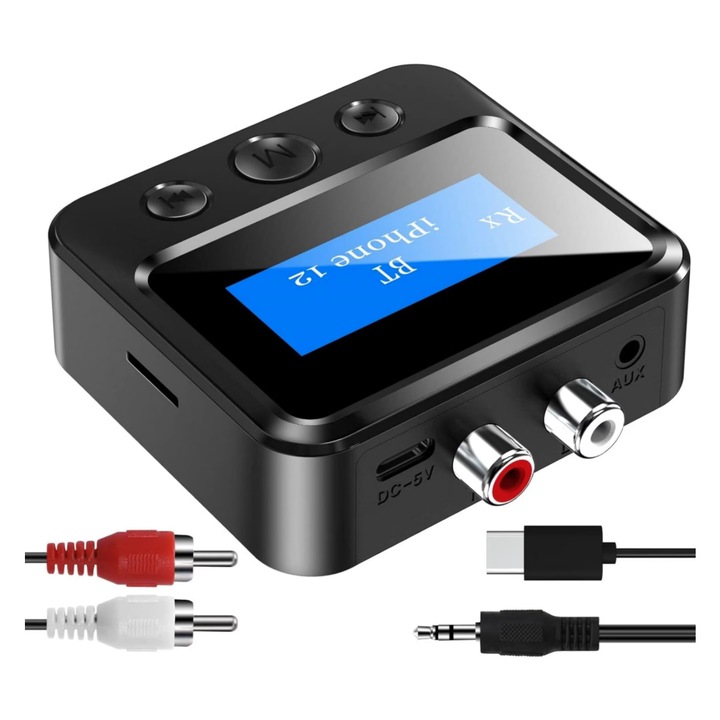Adaptor bluetooth Ventoo®, varianta bluetooth 5.0, intrare cu stereo AUX de 3, 5 mm, receptor audio 2 in 1, Negru