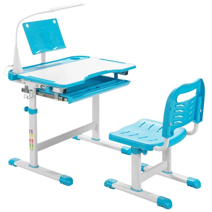 Set Birou și Masă pentru Copii Northix, Albastru, MDF, cu Suport de Carte și Lampa LED, Dimensiuni 70, 5x38cm