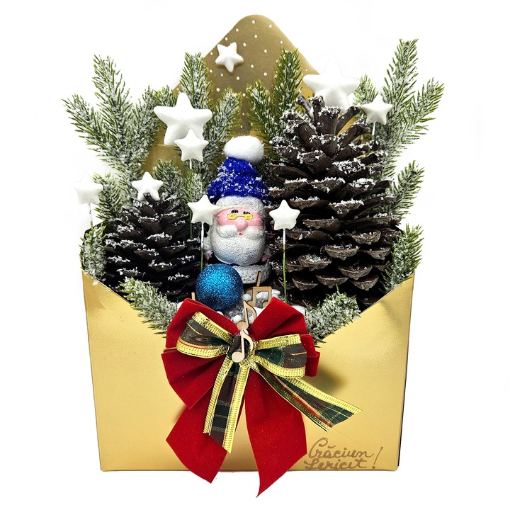 Decoratie cu mesaj de craciun, Compozietie de iarna albastru auriu, cu stele, mos, crengi de brad si conuri mari, Regalo, 30 cm