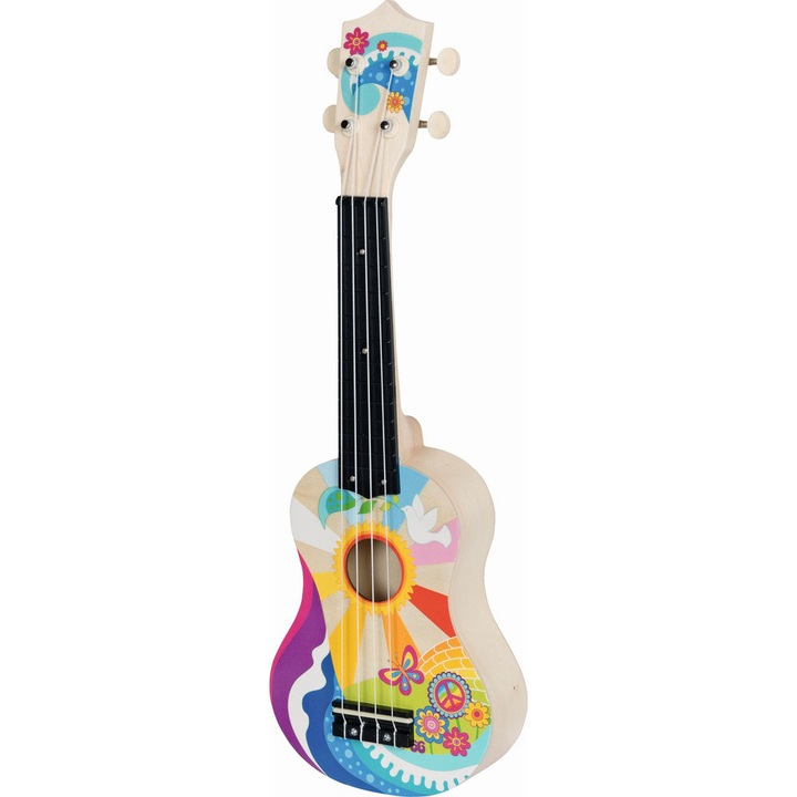 Goki "Flower Power" fa ukulele, színes, pengetővel és tartalék húrokkal, 53,2x17,4x6,4cm