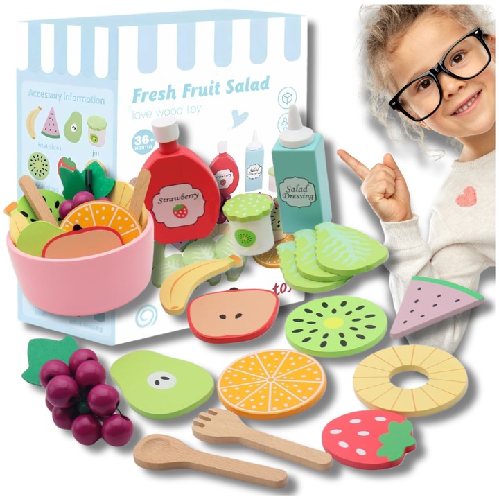 Fából készült játék gyümölcskészlet, gyermekjáték gyümölcssaláta készítéséhez