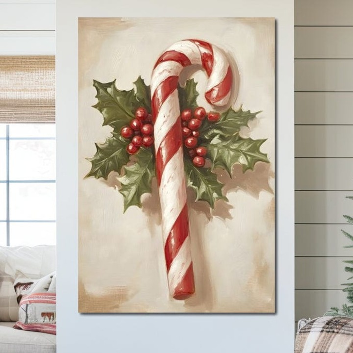 Tablou Canvas Premium, LuxCanva® D1085, Acadea Festiva, 80 X 120 CM, Panza Bumbac 100% 400g/m2, Sasiu, Lemn, Candy, Bomboane, Baston, Dulceata, Rosu, Alb, Zahar, Bobite, Frunze, Iarna, Copilarie, Cadouri, Daruit, Emotie, Camera Copil, Living, Dormitor