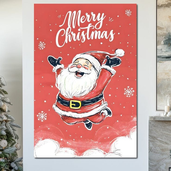 Tablou Canvas Premium, LuxCanva® D1081, Veselia lui Mos Craciun, 100 X 150 CM, Panza Bumbac 100% 400g/m2, Sasiu, Lemn, Craciun, Decoratiune, Perete, Sarbatori, Festiv, Cadou, Copilarie, Ajun, Santa, Mos, Rosu, Costum, Fulgi, Nea, Camera Copil, Living, Dor