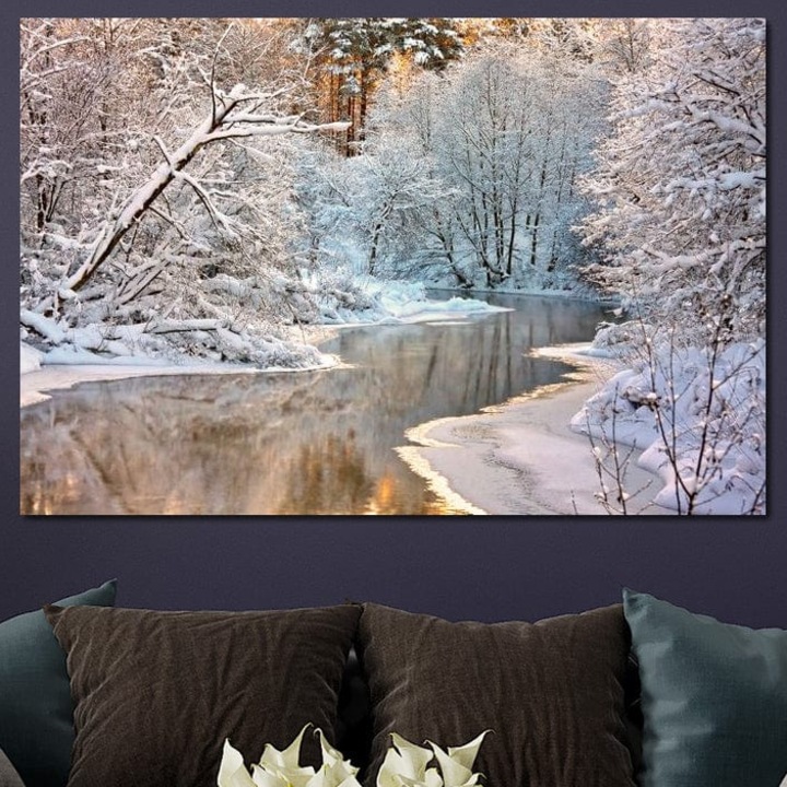 Tablou Canvas Premium, LuxCanva® D1090, Natura Cristalina, 40 X 60 CM, Panza Bumbac 100% 400g/m2, Sasiu, Lemn, Inghetat, Liniste, Copaci, Lac, Zapada, Padure, Reflexii, Apus, Peisaj, Auriu, Apa, Frumusete, Argint, Nordic, Frig, Camera Copil, Living, Dormi