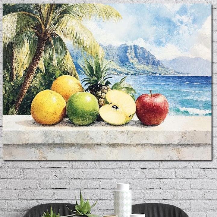 Tablou Canvas Premium, LuxCanva® N1146, Pe Malul Fructelor, 45 X 60 CM, Panza Bumbac 100% 400g/m2, Sasiu Lemn, Mere, Mango, Ananas, Fructe, Fresh, Tropical, Palmier, Ocean, Vacanta, Delicios, Pub, Bar, Lounge, Restaurant, Bucatarie