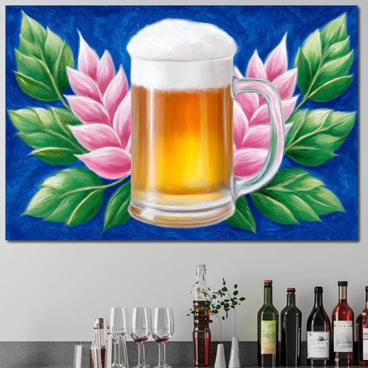 Tablou Canvas Premium, LuxCanva® N1141, Halba de Aur, 80 X 120 CM, Panza Bumbac 100% 400g/m2, Sasiu Lemn, Flori, Frunze, Bautura, Bere, Halba, Hamei, Racoritor, Spuma, Culori Vibrante, Pub, Bar, Lounge, Restaurant, Bucatarie