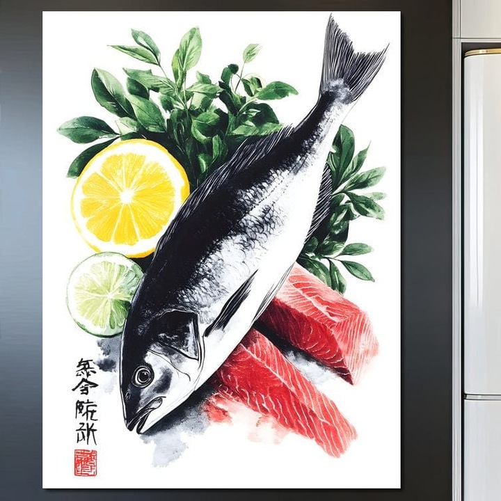 Tablou Canvas Premium, LuxCanva® N1144, Sashimi Time, 90 X 120 CM, Panza Bumbac 100% 400g/m2, Sasiu Lemn, Peste, Sushi, Lamaie, Lime, Verdeturi, Reteta, Asiatic, Arta Culinara, Prospetime, Restaurant, Bucatarie
