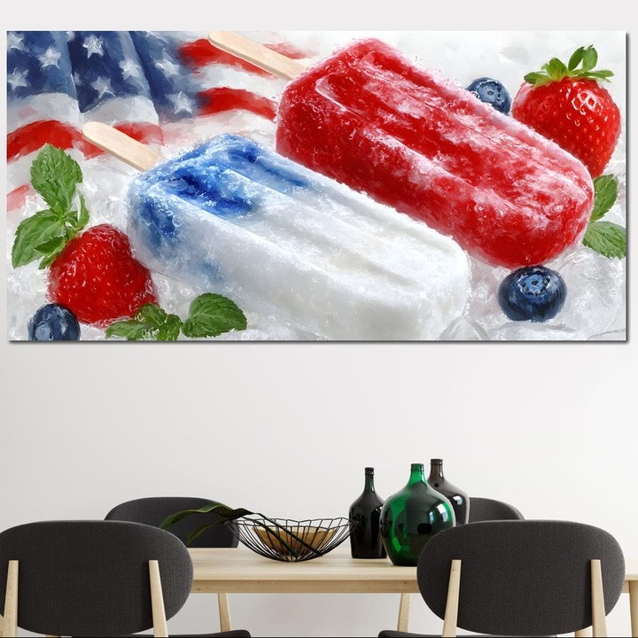 Tablou Canvas Premium, LuxCanva® N1142, Rasfat American, 60 X 120 CM, Panza Bumbac 100% 400g/m2, Sasiu Lemn, Inghetata, Fructe, Vara, America, Steag, Capsuni, Afine, Menta, Racoritor, Desert, Dulce, Gelaterie, Restaurant, Bucatarie