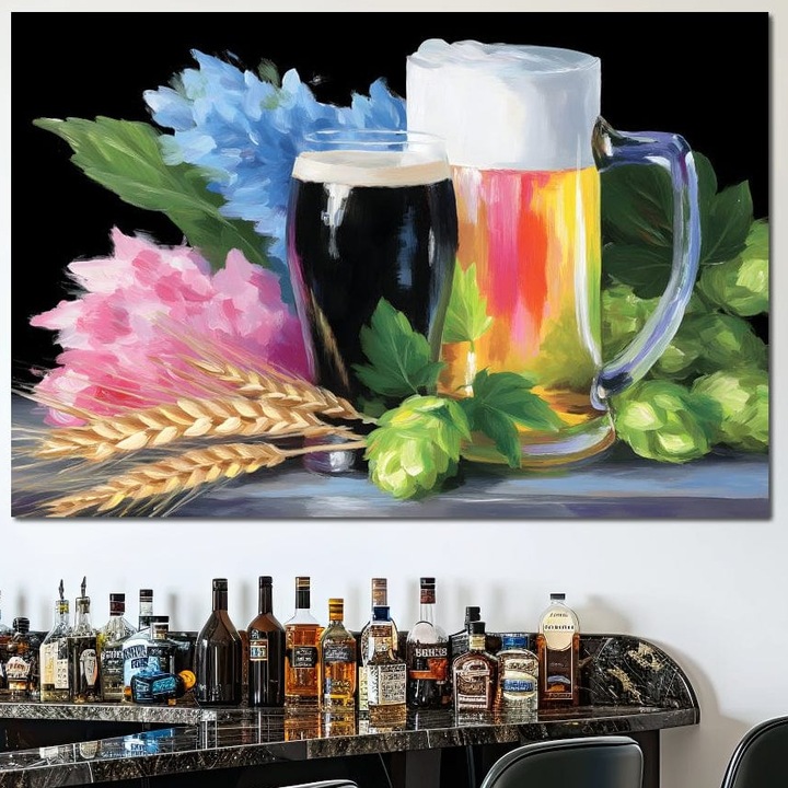 Tablou Canvas Premium, LuxCanva® N1140, Elixir de Vara, 40 X 60 CM, Panza Bumbac 100% 400g/m2, Sasiu Lemn, Halba, Pahar, Racoritor, Spuma, Bautura, Bere, Hamei, Pictura, Grau, Boem, Pub, Bar, Lounge, Restaurant, Bucatarie