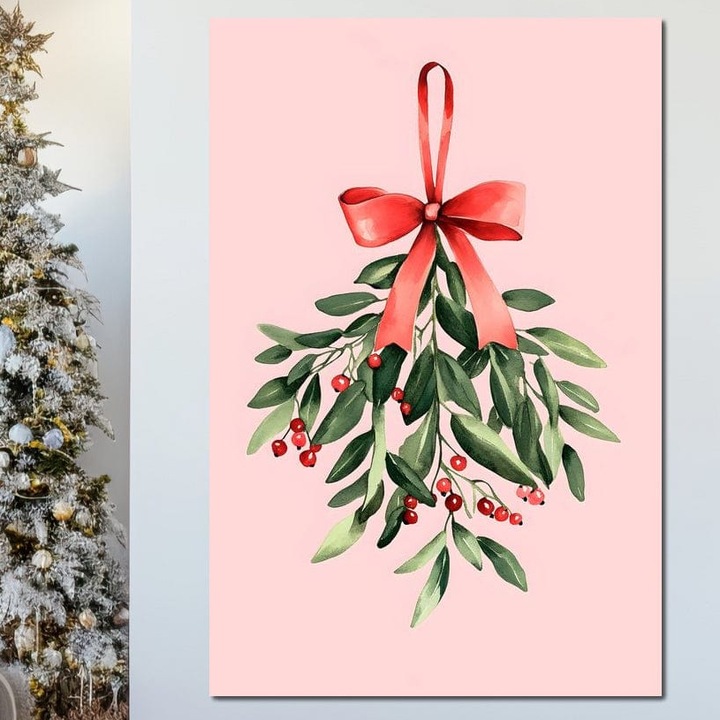 Tablou Canvas Premium, LuxCanva® D1082, Ramura cu Funda Rosie, 100 X 150 CM, Panza Bumbac 100% 400g/m2, Sasiu, Lemn, Christmas, Planta, Bradut, Frunze, Festiv, Elegant, Roz, Iarna, Anotimp, Simplitate, Verde, Atmosfera, Camera Copil, Living, Dormitor