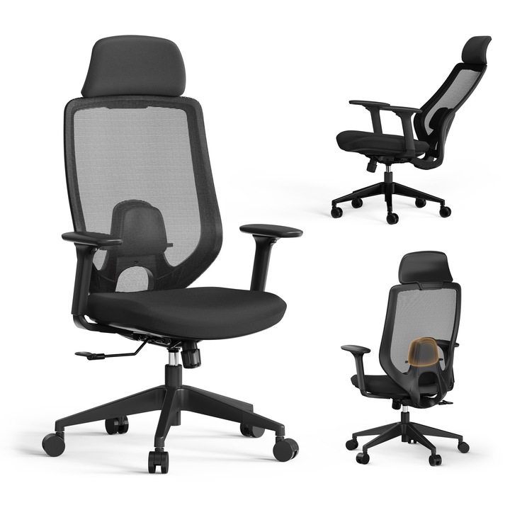 Офис стол SENSE7 Nakai, ергономична мрежа, максимално тегло: 150 кг, с лумбална опора, с регулируема облегалка за глава, с регулируема облегалка (ъгъл 90-123°), въртящ се, със синхронен механизъм, с регулируеми подлакътници, черен