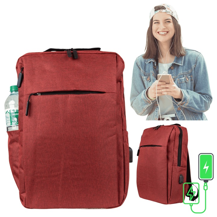 VIO iskolai hátizsák, piros, 42x30x10 cm, USB port, laptoptartó rekesz 15.6 hüvelyk