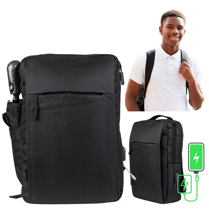 VIO fekete iskolatáska, 42x30x10 cm, 12.6L, 15.6 hüvelykes laptophoz, USB porttal, nőknek és férfiaknak