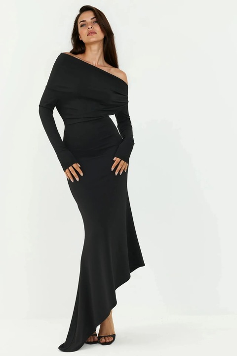 Rochie lunga HiCCUP, bodycon, decolteu barcuta, negru, jerseu, XS INTL