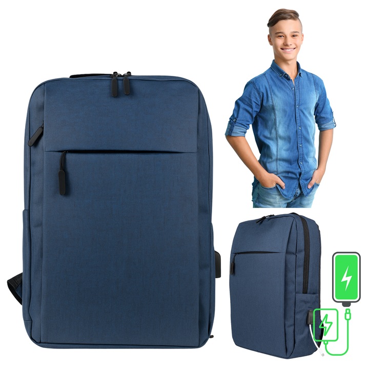 VIO iskolai hátizsák, kék, 42x30x10 cm, 12.6L, 15.6" laptophoz, USB porttal