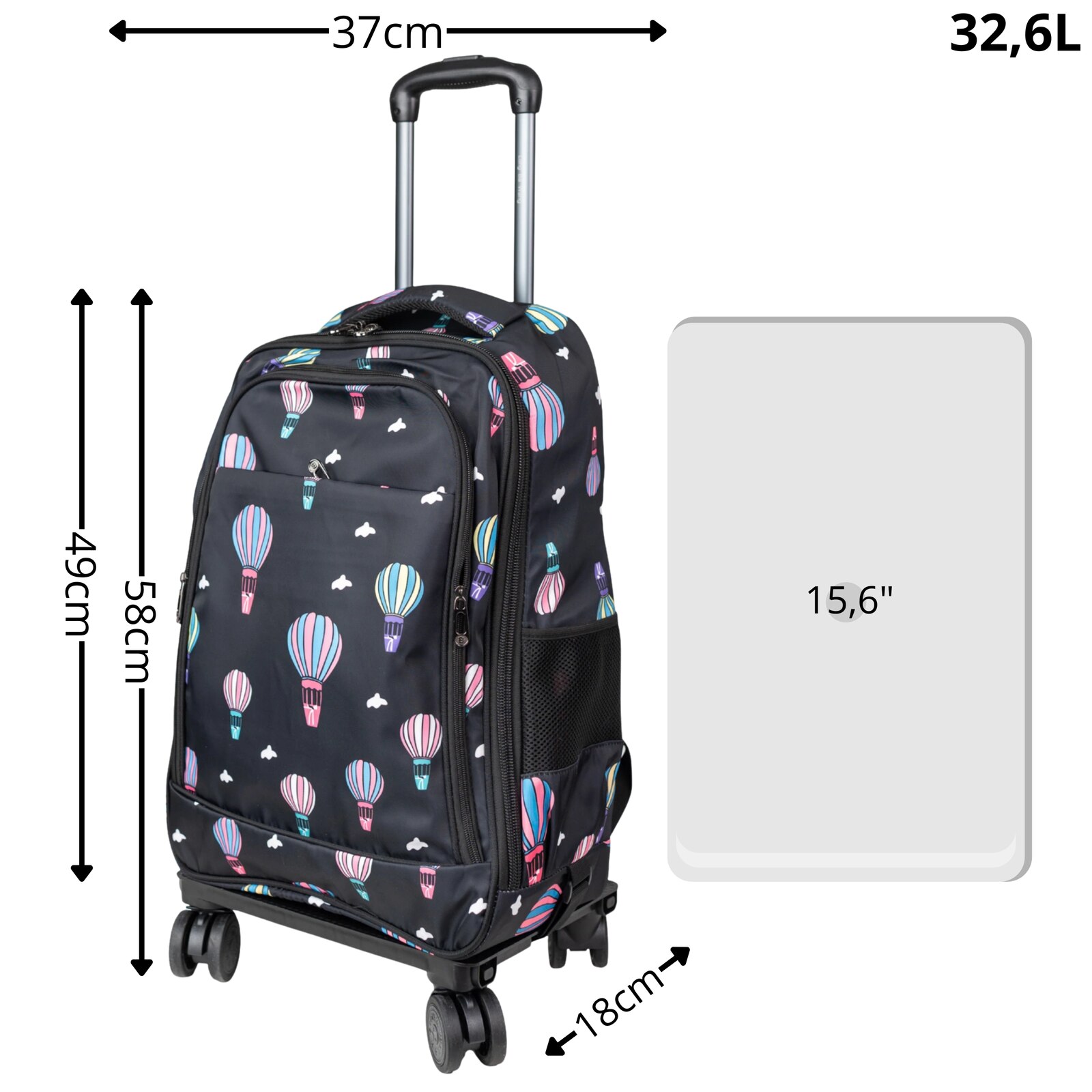 Rucsac scolar pe roti VIO oxford cu maner telescopic si platforma detasabila, 32L, 58x37x18 cm, fete, baieti, laptop 15.6”, 20613