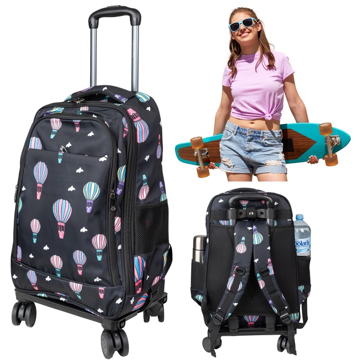 Rucsac scolar pe roti VIO oxford cu maner telescopic si platforma detasabila, 32L, 58x37x18 cm, fete, baieti, laptop 15.6”, 20613