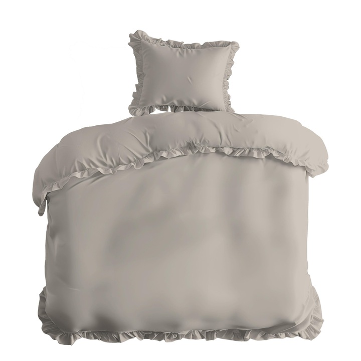 Set lenjerie de pat, Detexpol, 140x200cm, bumbac, bej, cu falbanca, pentru 1 persoana
