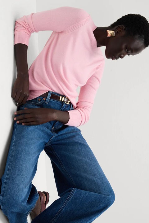 Marks & Spencer, Pulover tricotat fin cu decolteu barcuta, Roz pastel