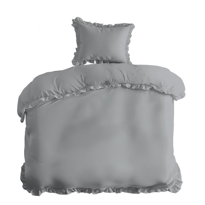 Lenjerie de pat Detexpol 140x200cm, gri deschis, 100% bumbac, cu falbanca, pentru 1 persoana