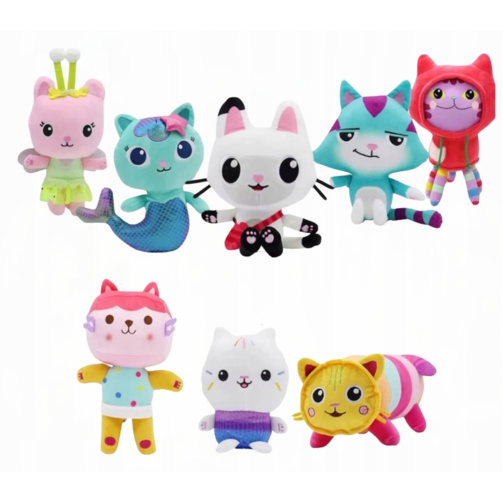 Gabi babaháza plüss játékszett, OEM, pamut + poliészter anyag, a játékok magassága 20 cm-től 30 cm-ig, 20 x 30 cm, többszínű, 8 db