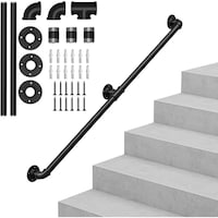 Kit mana curenta, otel carbon, Bedee, 150 cm, diametru 30 mm, Maner industrial antiderapant pentru interior si exterior, pentru urcatul scarilor, set de suport pentru varstnici si copii, Negru