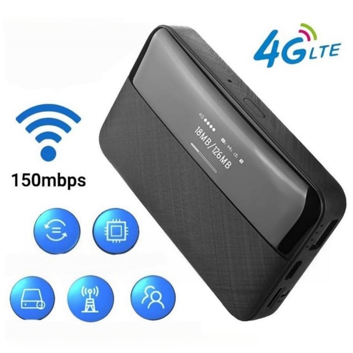 Джобен WIFI модем, MOSMAOO®, 6000mAh, 150Mbps, LCD екран, 4G LTE, SIM слот, Type C, Акумулаторен, Преносим, Множествена връзка, 10 потребители, Черен винтидж