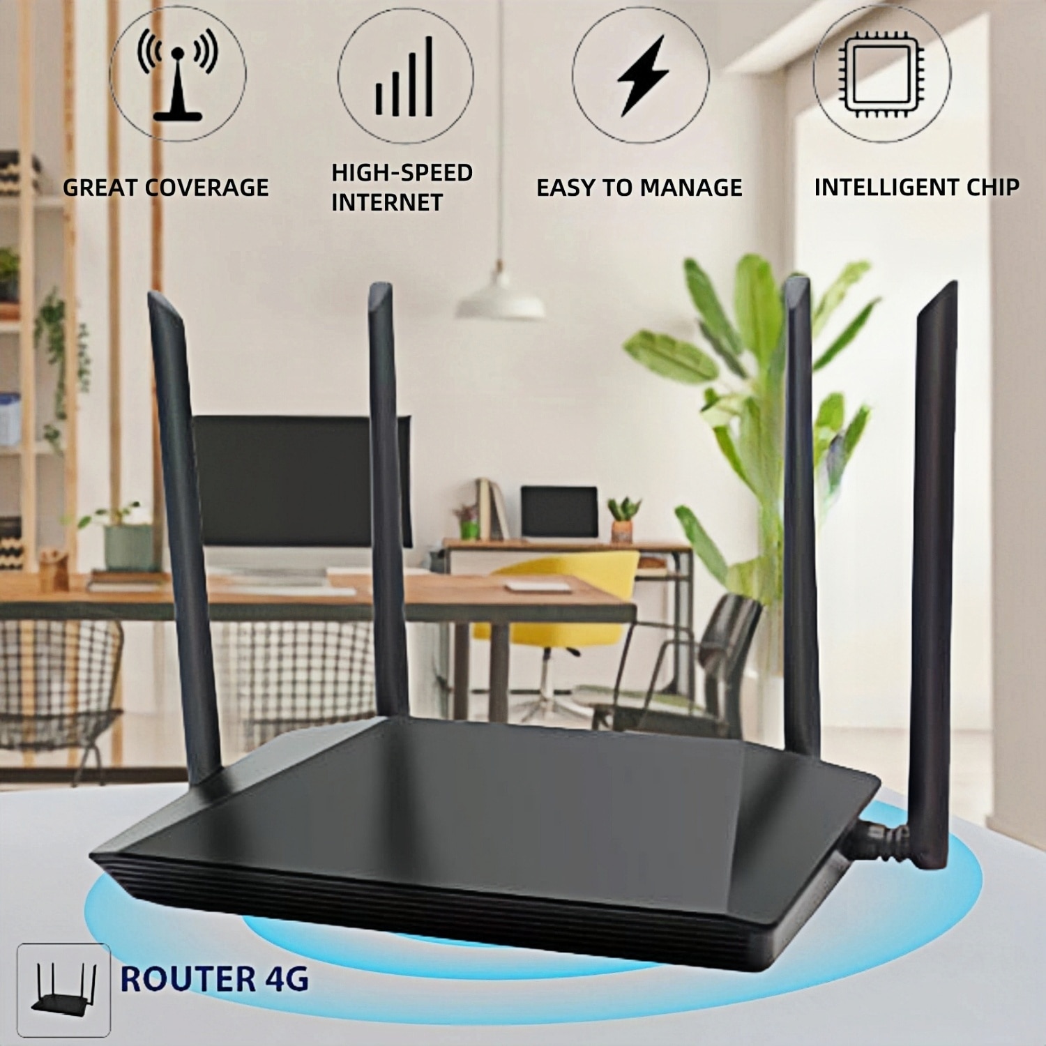 Router wireless 4G LTE, MOSMAOO®, SIM CARD SLOT, 2.4GHz, 300Mbps, 4 Antene, Conectivitate Stabila si Securizata, Wi-Fi Router Connects Up 32 Devices, Negru carbon
