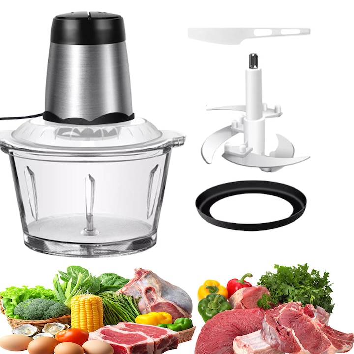 Електрически чопър за храна, Bedee, 4 остриета от неръждаема стомана, 2 скорости, 1.6L, Разглобяем дизайн, Стъклена купа, лесен за почистване, Подходящ за месо, плодове, зеленчуци, ядки, семена, 18x21x25cm, сребрист/черен