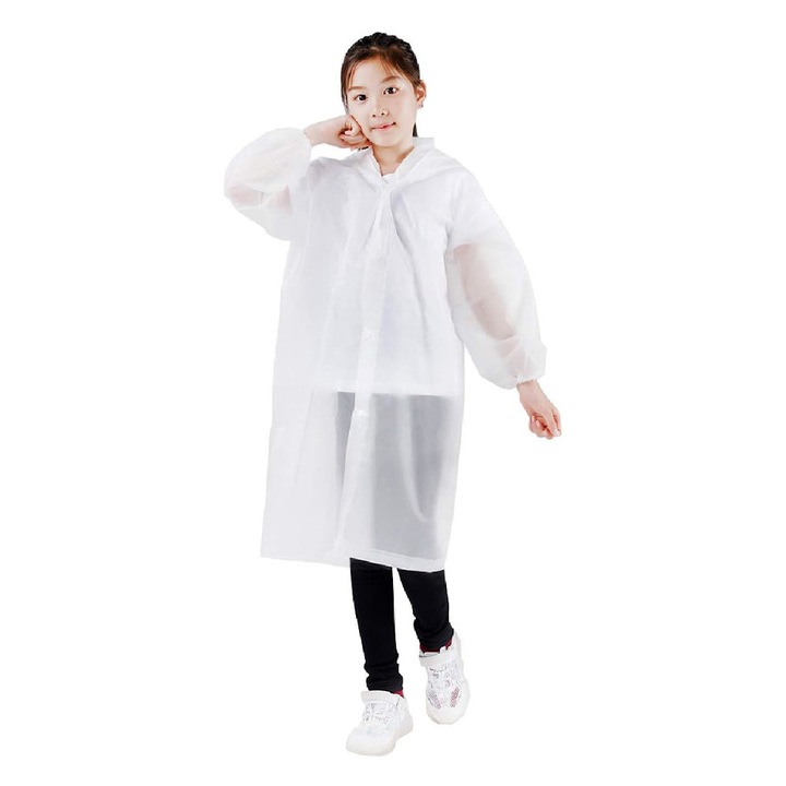 Pelerina de Ploaie pentru Copii, din EVA, Impermeabila, Rezistenta la Vant, cu Gluga, Capse Laterale, Unisex, Alb